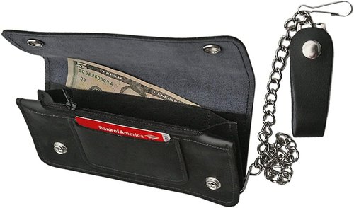 Large Black Bi-Fold Biker Wallet - 8x3.75 Inch, Durable Leather Design