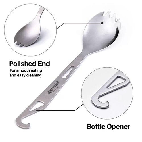 Maverick Cycles Titanium 3 in 1 Ti Spork, Spoon, Fork and Bottle Opener Combo, Camping Utensil Outdoor Hiking Backpacking Picnic, Small, Matte Silver