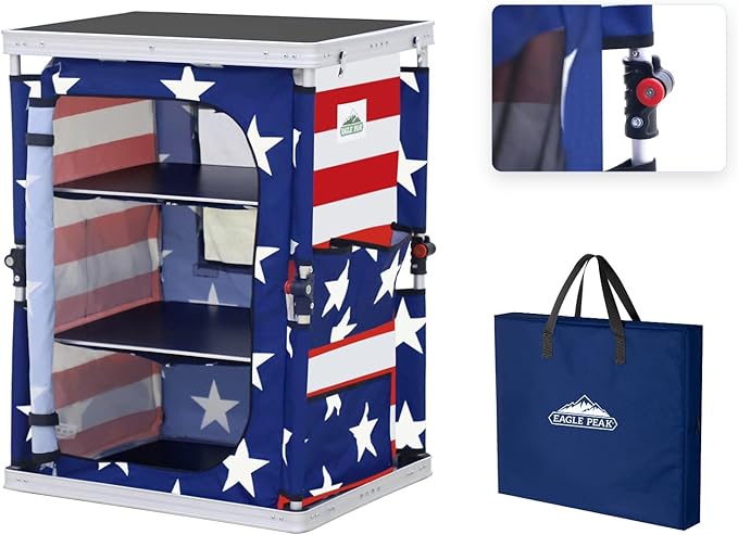 EAGLE PEAK Outdoor Folding Camping Table with Large 3-Tier Storage Organizer and Side Pockets, Easy Set Up Portable Aluminum Camping Kitchen, American Flag
