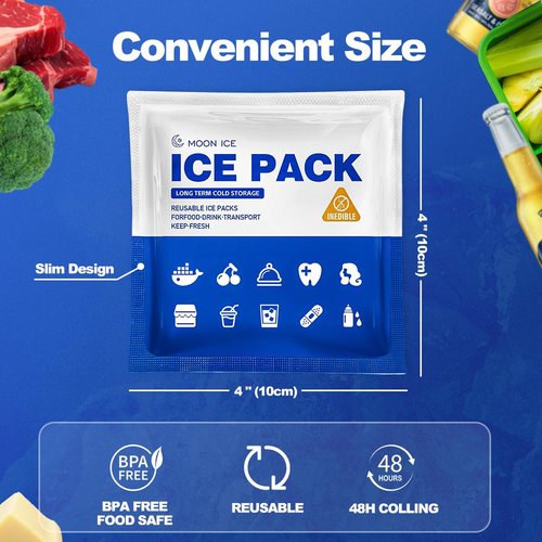 Blue Ice Packs for Coolers, Shipping and Lunch Box, Slim Size Long-Lasting Reusable Ice Pack, Cold Gel Freezer Packs for Camping, Beach, Fishing, Shipping Food (4" X 4" 24pcs)
