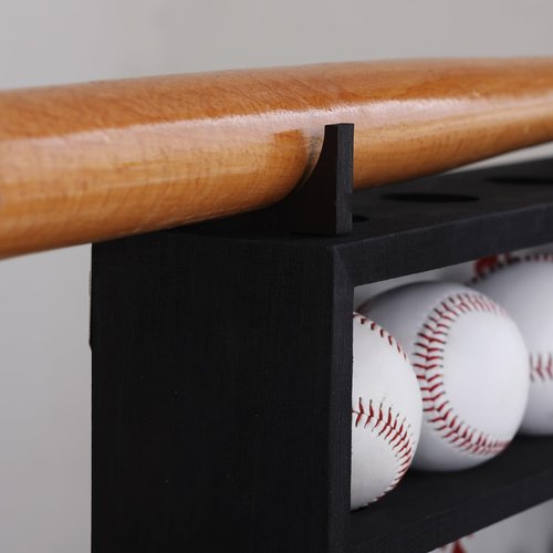 Baseball Display Case - Black Wood Baseball Shadow Box Display Case for 9 Balls, 13 Rings, and Bat – Wall Mount Baseball Holder Display Shelf for Game Balls, Trophies, and Memorabilia