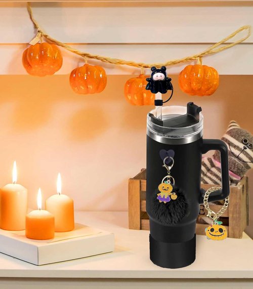 Stanley 10PCS Cup Accessories for 40oz & 30oz Tumbler with Handle, Silicone Straw Topper, Water Bottle Strap, Heart Hook, Lipstick Bag, Keychain Charms (Halloween)