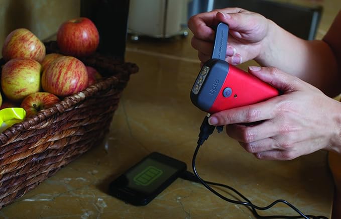 Eton American Red Cross Crank-Powered Clipray Clip-On Flashlight & Smartphone Charger, Hand Crank, Cherry Red, Commitment to Preparedness