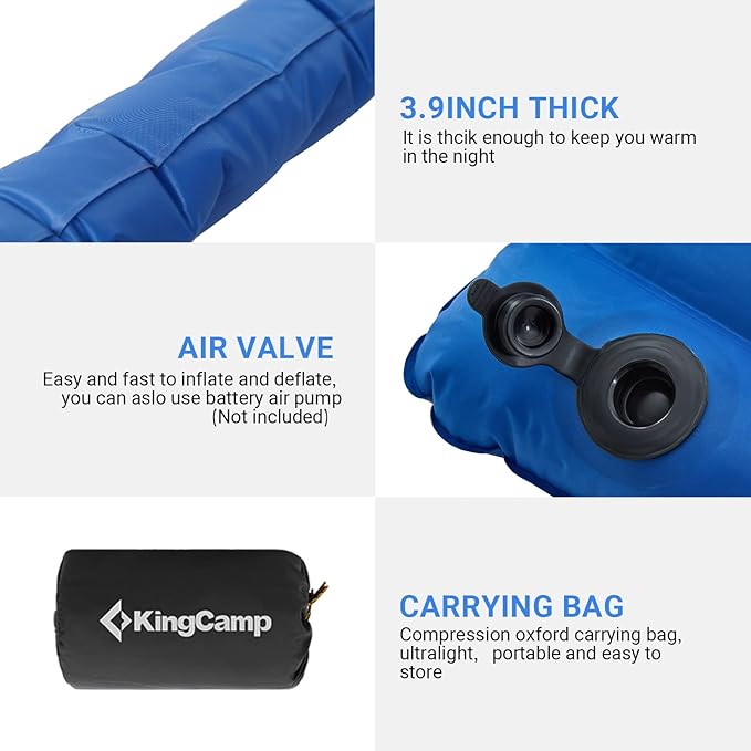 KINGCAMP Double Sleeping Pad, Comfortable Extra Thick 3.9in Camping Mattress 2 Person, Lightweight Inflatable Air Mat for Backpacking, Hiking, Tent