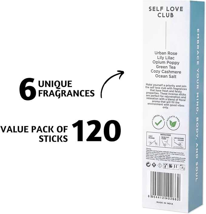 Folkulture Incense Sticks - Set of 6 (120 Sticks) for Relaxation - Green Tea, Rose and Geranium, Natural and Non Toxic, Organic and Slow Burning Inscent, Insense Sticks (Self Love Club)