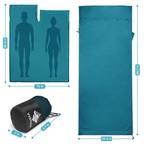 VVAYHUA Satin Sleeping Bag Liner, Ultralight Travel Sheets for Hotel & Self Tan Sleep Sack with Two Way Zippers, Silky Camping Sheets for Backpacking Hiking Business Trips (Blue)