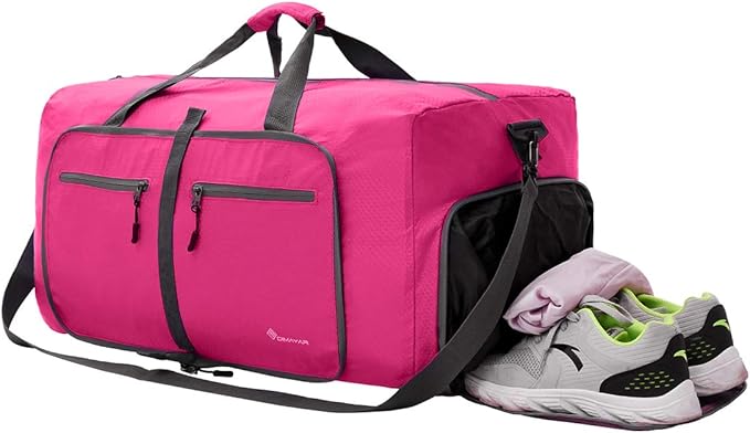 Dimayar Travel Duffle Bag for Men Women - Foldable Duffel Bag with Shoes Compartment - Overnight Bags Waterproof & Tear Resistant(65L,Fuchsine)