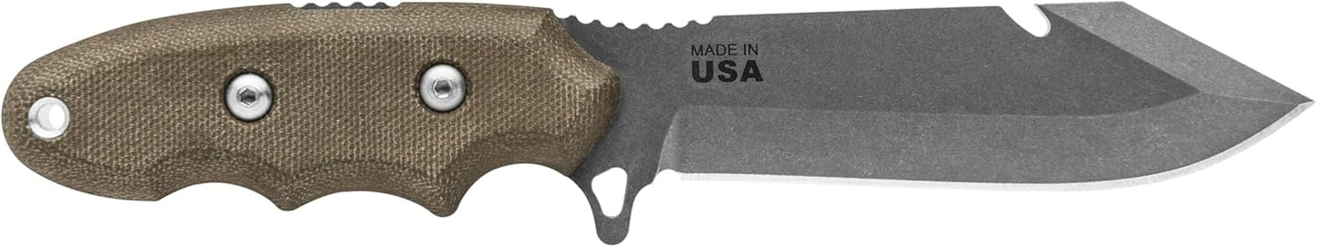 Tops Knives Backpackers Bowie Full Tang Fixed Blade- Tumble Finish-Black Kydex Sheath w/Rotating Spring Steel Clip (Green Canvas Micarta Handle)