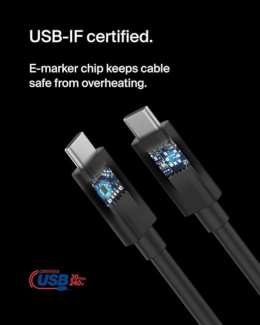 Belkin Connect USB4 Cable (6.6ft/2M Power Cable), USB-C to USB-C Cable w/ 240W Power Delivery + 20Gbps - USB4 Compliant Power Cable, Compatible with MacBook, Windows, Chromebook, & More