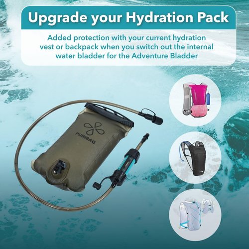 Puribag Adventure Bladder: 2 Liter Hydration Bladder with Filter - Replacement Backpack Water System Compatible with Other Daypack Hydration Systems, Water Bladder for Backpacking, Hiking & Biking