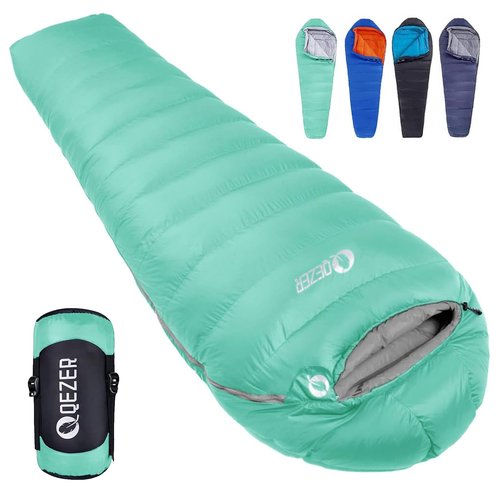 QEZER Down Sleeping Bag for Adults 32 Degree F Backpacking Sleeping Bag with 600 FP Down Ultralight Mummy Sleeping Bag with Pouch（LightGreen）