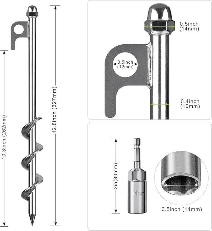12 Inch Ground Anchors, 4 Pcs Heavy Duty Tent Stakes, Easy to Install and Reusable, for Camping Tents, Trampolines, Sheds, Swing Sets, Securing Animals