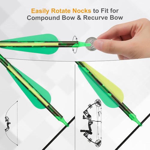 TOPARCHERY 30" Carbon Hunting Arrows Camo Shaft with 3" TPU Vanes and Removable Tips - 500 Spine Practice Target Arrows for Compound & Recurve Bow&Long Bow (Green&Yellow)