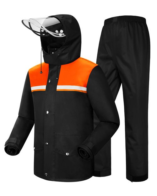 iCreek Rain Suit Waterproof Jacket and Trouser Suit Raincoat for Men and Women Outdoor All-Sport Breathable Anti-storm (Black/Orange, XL)
