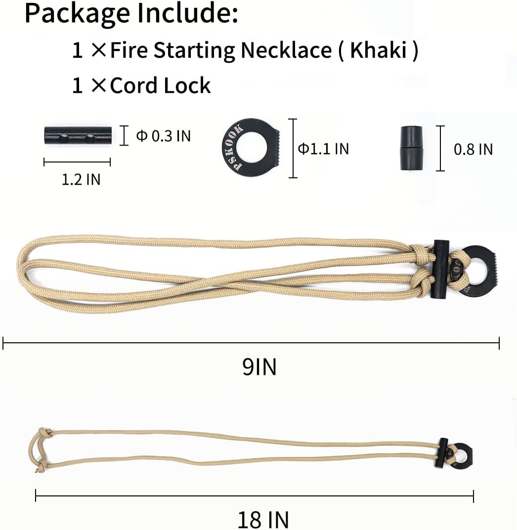 PSKOOK Fire Starter Necklace, Survival Paracord Necklace with Flint and Steel, Bushcraft Necklace for Camping, Hiking and Backpacking