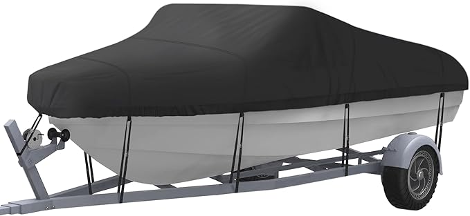 NEXCOVER Trailerable Boat Cover, Length: 17'-19' Beam Width: up to 96", Waterproof Heavy Duty Cover, Fits V-Hull, TRI-Hull, Runabout, Pro-Style, Bass Boat, Storage Bag & Tightening Straps Included.