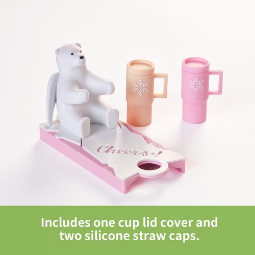 Angel Bear Name Plate with 2PCS Straw Caps for Stanley Cup Cute Funny Accessories for Man & Woman Gift (Bear Cheers 40oz Purple)