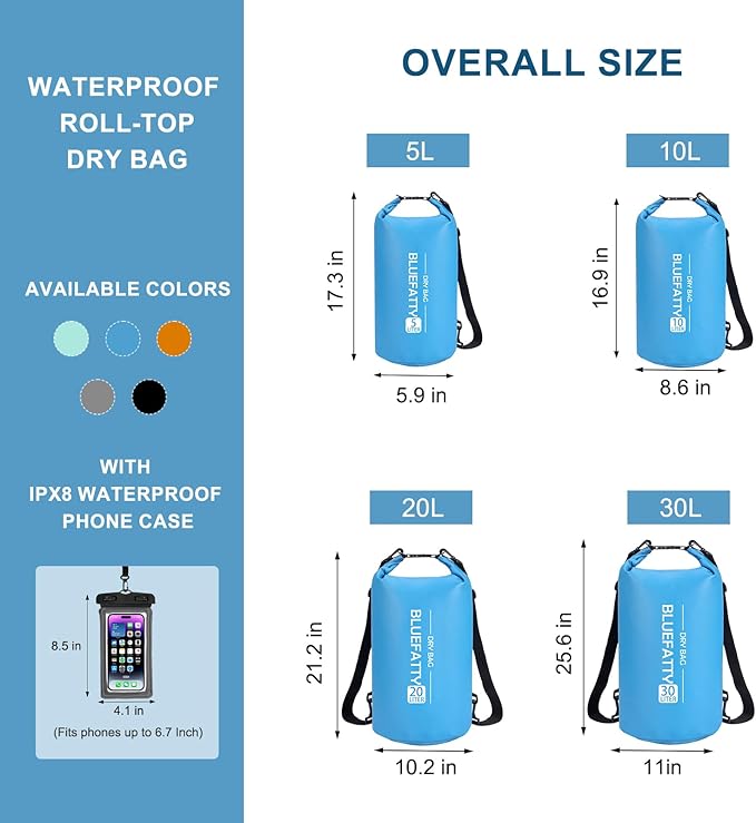 Waterproof Dry Bag Floating Roll Top Waterproof Backpack for Kayaking, Rafting, Boating, SUP, Fishing with IPX8 Waterproof Phone Case, Blue, 20L