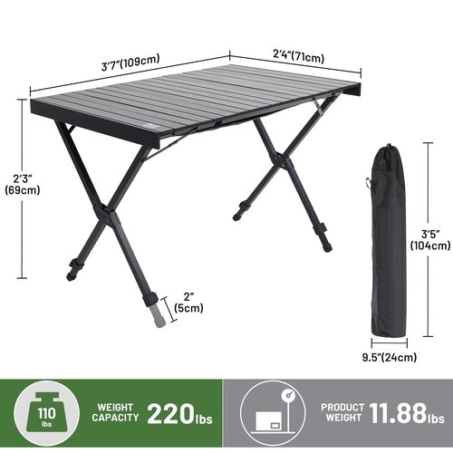 TIMBER RIDGE Folding Camping Table Adjustable Height, 4-6 Person Lightweight Aluminum Roll-up Table for Camping Outdoor Picnic BBQ Backyard Party Support 220 lbs, Black