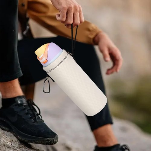Linkidea Water Bottle Carrier with Strap Compatible with Owala FreeSip 32oz, Twist 32oz Water Bottle, Neoprene Waterbottle Sling Bag Holder, Shoulder Strap, Off White
