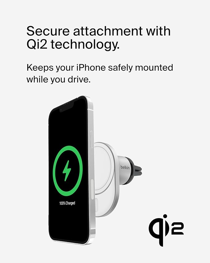 Belkin MagSafe-Compatible Wireless Car Charger with 15W Fast Charging, Powerful Magnetic Vent Holder for iPhone 16, 15, 14, 13, and 12 Series, Secure Car Phone Mount - White