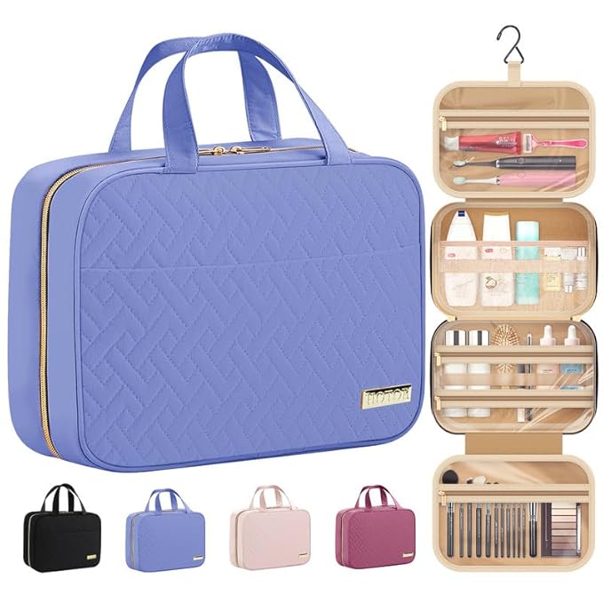 HOTOR Travel Toiletry Bag w/Hanging Hook - Spacious Toiletry Bag Essentials for Women & Men, Makeup Bag/Big Comparment, Waterproof for Travel Accessories, Medium, Aegean-Blue