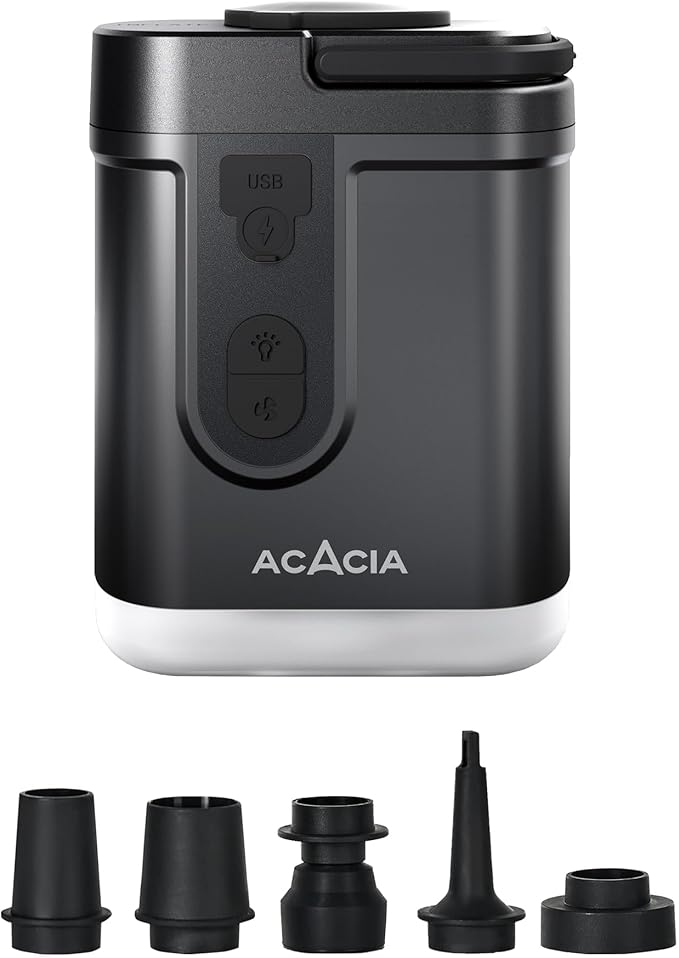 ACACIA Portable Air Pump for ACACIA Sleeping Pad, Rechargeable 4000mAh Battery Air Mattress Pump with Camping Light, Electric Air Pump for Inflatables with 5 Nozzles, Camping, Hiking, Pool, 4.8kPa
