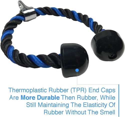 Blue Tricep Rope Pull Down & Poster Set | 27 or 36 Inch Heavy Duty Nylon Rope, Chrome Cable Attachment | Professional or Home Gyms | Includes Workout Poster, Snap Hook, Bag