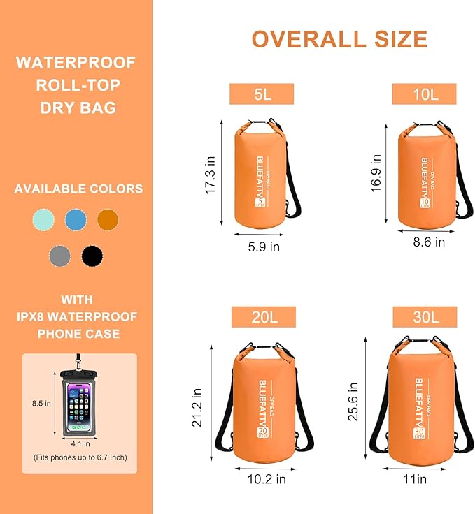 Waterproof Dry Bag Floating Roll Top Dry Backpack for Kayaking, Rafting, Boating, SUP, Fishing with IPX8 Waterproof Phone Case, Orange, 30L