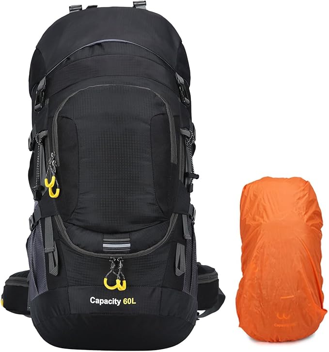 ShowyLive 60L Hiking Backpack for Men/Women - Lightweight Waterproof Travel Backpack with Rain Cover, Multi-Compartments, Adjustable Straps - Large Camping Bag for Outdoor Adventures (Black)