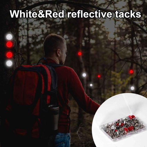 XIHIRCD 100pcs Reflective Tacks, Bright Eyes Hunting Trail Markers Glow in The Dark Tacks Trail Marking Tacks Reflective Mark Thumb Tacks for Hiking Camping Outdoor Tree Stand (White+Red)