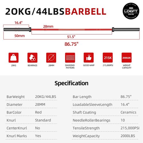 LOEFT 7ft Olympic Barbell, 45 lb Barbell for Powerlifting and Weightlifting, 2000 lbs Weight Capacity 215K PSI Weight Bar Fit 2" Weights for Squat, Bench Press, Deadlift (Red)