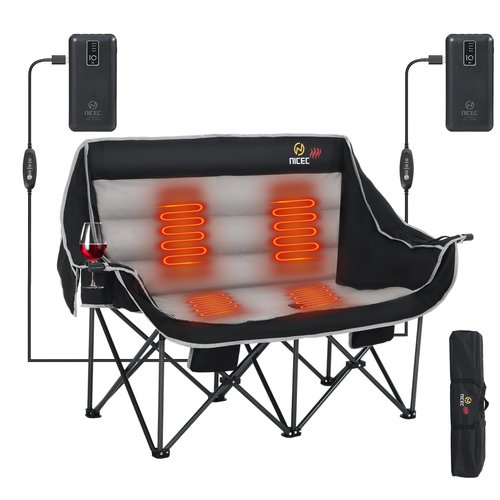 Nice C Heated Camping Chair with Battery, Outdoor Heated Folding Chairs, Double Padded Camping Chair for Adults, Camping Couch, with Cooler Bag, 2 Power Banks Included (Black&Grey)