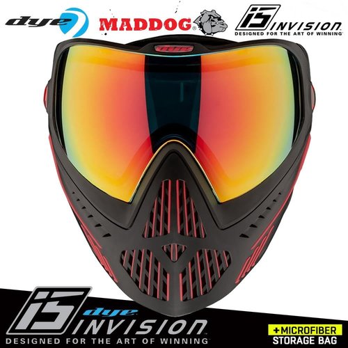 Maddog Dye i5 Thermal Dual-Pane Anti-Fog Lens Paintball Airsoft Mask Goggle System Combo with Microfiber Storage Bag | High Performance Safety Certified Protection - Fire 2.0 - Black/Red