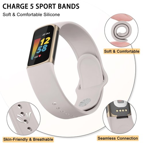 Vanjua Band Compatible with Fitbit Charge 6 Bands Women Men, Soft Silicone Adjustable Waterproof Sport Replacement Wristbands Strap for Fitbit Charge 6 / Charge 5 (Starlight)