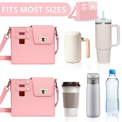 Outdoor Portable Crossbody Water Cup Storage Bag Crossbody Cup Holder Bag Multifunctional Leather Water Bottle Holder with Adjustable Shoulder Strap (Pink)