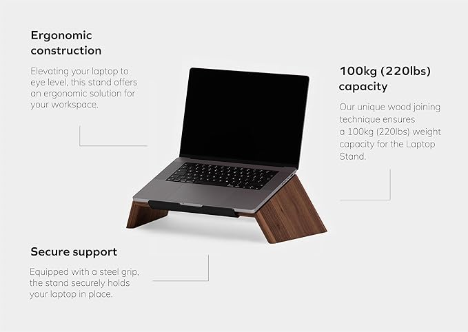 Oakywood Walnut Wooden Slanted Laptop Stand - Ergonomic Desk Laptop Riser & Holder - 50x25x15cm - Fits 15-16 inch Laptops