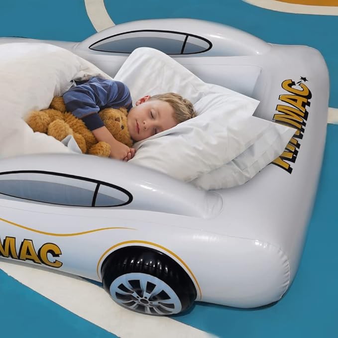 KINMAC Inflatable Toddler Travel Bed- Portable Travel Toddler Air Bed for Kids Camping Air Mattress Racecar Toddler Bed with Sides Blow Up Mattress Sleeping Pad for Camping Car Travel(Rose Red)