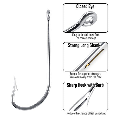 Dr.Fish Fishing O'shaughnessy Straight Shank Saltwater J Hook White Nickel Striper Bass Flounder Snapper Live Bait Hook #2
