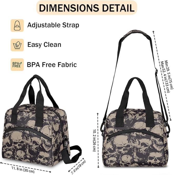 Vintage Skull Skeleton Insulated Lunch Bags for Women Men Adult Halloween Goth Reusable Lunch Tote Therma Cooler Bag with Shoulder Strap Lunch Box for School Work Office Picnic Meal Prep Bag
