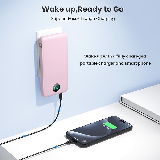 Portable Charger 13800mAh Slim USB C Power Bank with Built in Cables and Wall Plug,LCD Display Lightweight Travel Battery Pack,PD Fast Charging Compatible with iPhone 15,14,Samsung Android-Pink