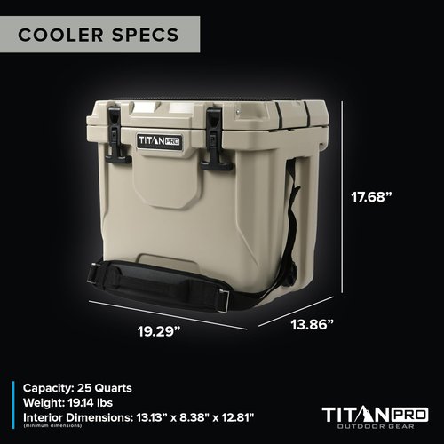 Titan PRO High Performance Ice Chest - 25 Quart Capacity - Hard Cooler with Interior LED Light, Ice Saver Performance Booster and Microban Protection - Driftwood Tan