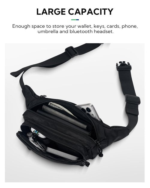 WATERFLY Fanny Pack Waist Packs: Crossbody Belt Bag Fanny Packs for Women Men with 7 Zipper Pockets Adjustable Strap Waist Bag Hip Pack for Traveling Cycling Running Hiking-Black