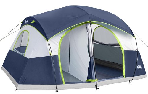 UNP Camping Tent 8/9 Person, Family Camping Tent, 5 Large Ventilation Mesh Windows, 14'x14'x78 inches Tall with Dividers Curtain for 2 Room