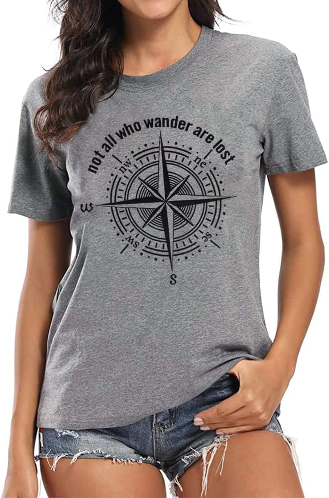 Womens Graphic T-Shirt Not All Who Wander are Lost Funny Tees for Women Summer Casual Tops Athletic Shirts
