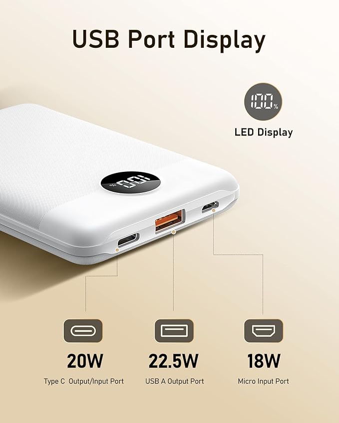 VEEKTOMX Mini Power Bank 10000mAh, 22.5W Fast Charging Small Portable Charger with PD 3.0 & QC 3.0,USB C Slim Compact iPhone Charger, Dual Output Compatible with iPhone, Samsung,Travel Must Haves