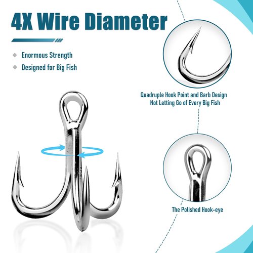 9KM DWLIFE Fishing Treble Hooks 4X High Carbon Steel Triple Hooks Fishing Treble Hooks for Salmon Trout Bluefish Catfish Hooks 10 Pcs Size 16#