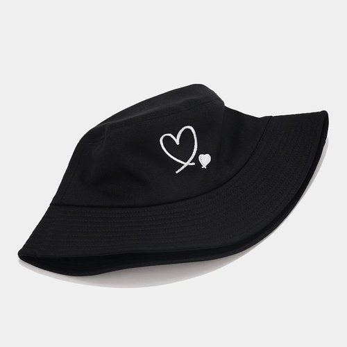 XYIYI Double Heart Black Fashion Embroidery Bucket Hat Cotton Beach Fisherman Hats for Women Girls