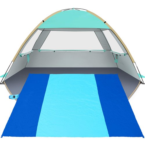 Gorich Beach Tent Sun Shelter with UV UPF50+ Protection for 4-5 People and Extra-Large Sandproof Waterproof Beach Blanket, Perfect for Camping, Travel, and Hiking (SkyRoyal, 10'x9')
