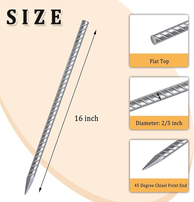 Rebar Stakes 16 Inch 17 Pack Tent Stakes Heavy Duty Metal J Hook, Fence Stakes for Trampoline, Fence, Camping Tent (17, I-16 x2/5")
